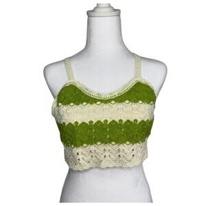 Rebellion green cream‎ crochet crop top boho festival knit striped - size small